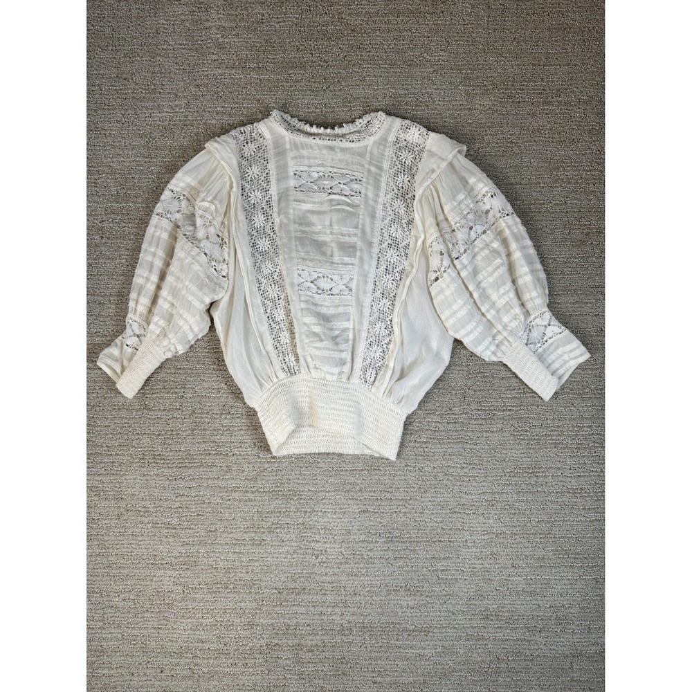 Bohemian White Lace Pintuck Blouse Smocked Waist Victorian Balloon Sleeve Top